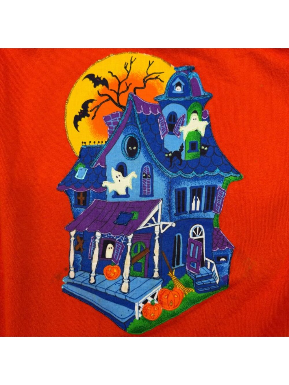 Vintage Halloween Sweatshirt Haunted House Orange Ghosts Bats Spooky 90s USA XL - Picture 4 of 13